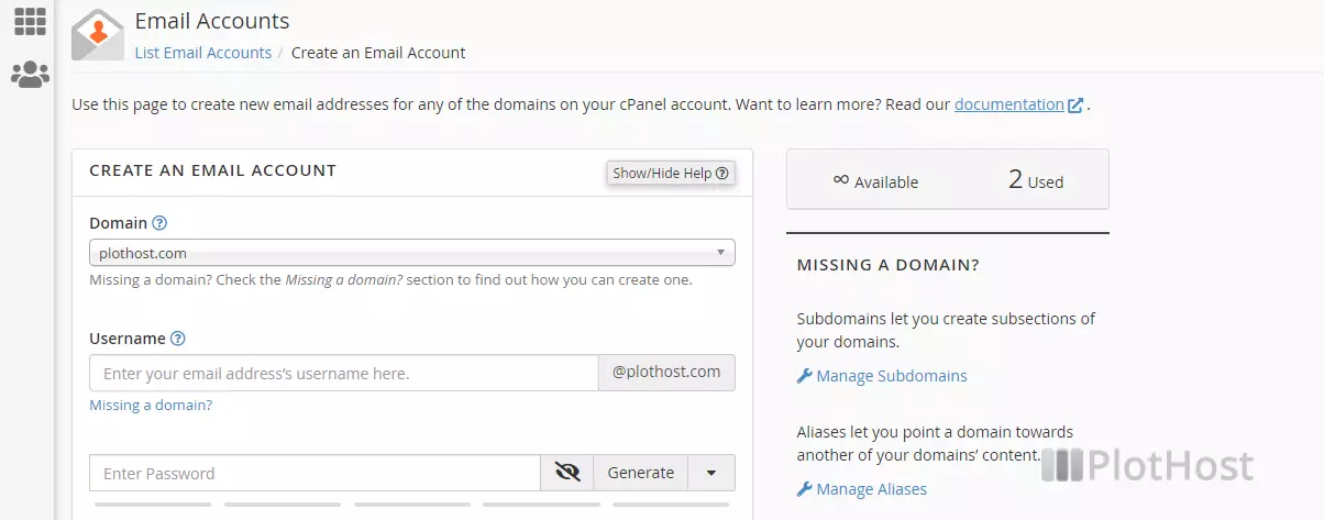 cpanel add email account