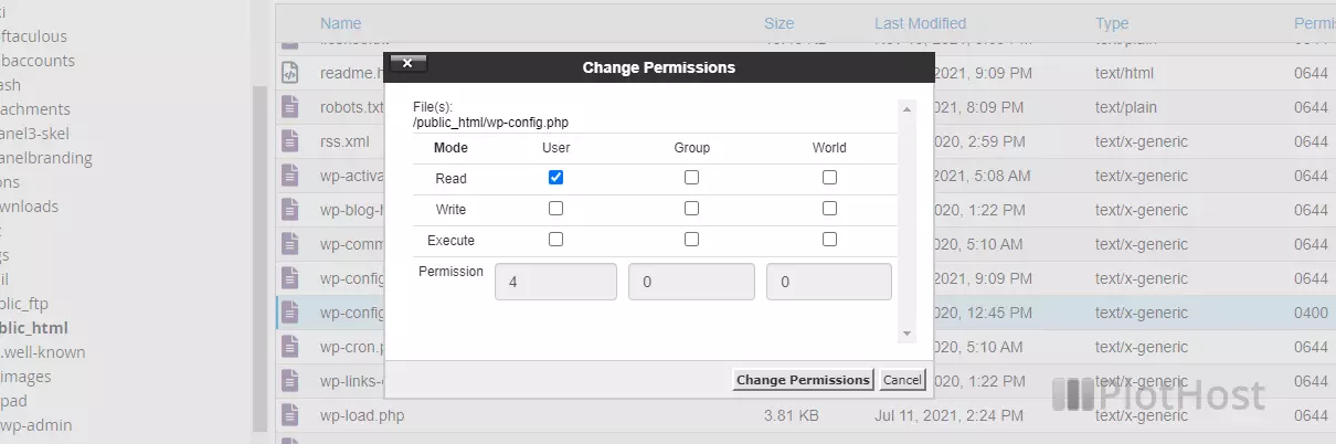 cpanel file manager permissions